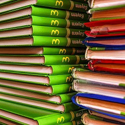 stack of text books with green spine visible (image: O12/pixabay)
